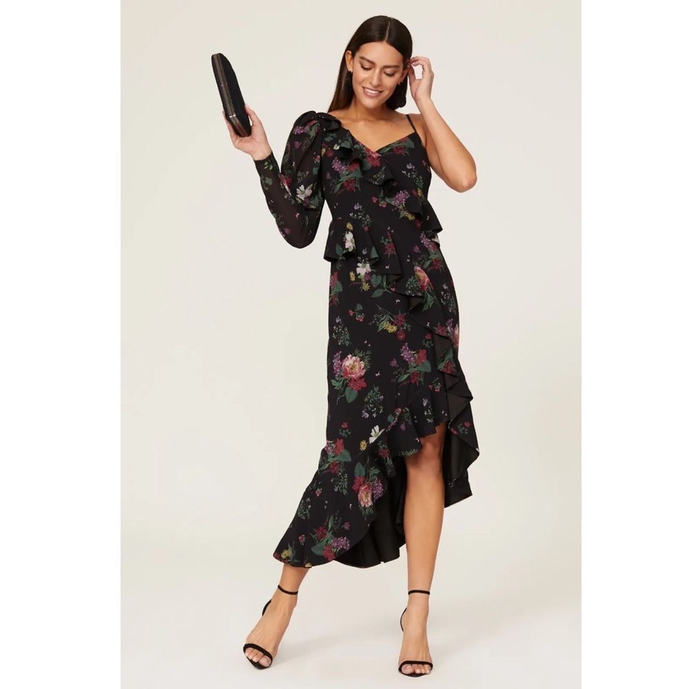 Amur Pasqualena One Shoulder Asymmetric Midi Dress Black Floral